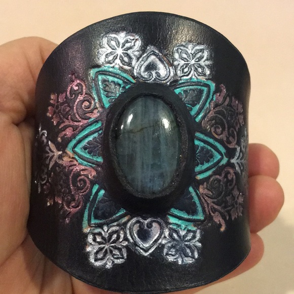 Tooled Leather Cuff Bracelet with Labradorite Gemstone Inlay Boho Mandala Cuff - Picture 5 of 12